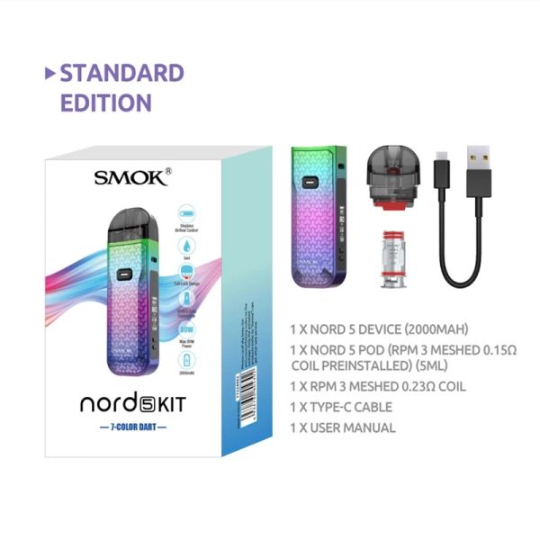⁦السجائر الإلكترونية الأصلي SMOK نورد 5 عدة صندوق وزارة الدفاع 2000mAh بطارية Vape 80 واط NORD5 مع 5 مللي خرطوشة المرذاذ RPM 3 شبكة كوي⁩ - الصورة ⁦2⁩